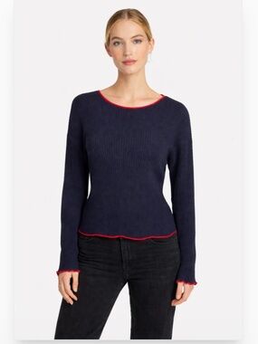 RAG & BONE Crewneck Long Sleeve Ribbed Sweater Navy Red Hem Size Medium